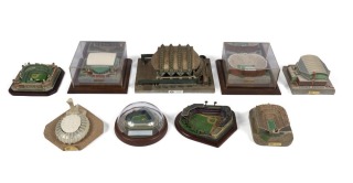 GROUP OF MINI STADIUM FIGURINES WITH JOE DIMAGGIO SIGNED YANKEE STADIUM