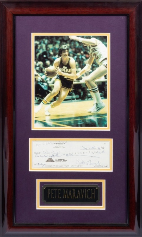 "PISTOL" PETE MARAVICH SIGNED CHECK DISPLAY - PSA