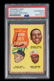 WILLIE MAYS SIGNED 1962 TOPPS HOME RUN LEADERS CARD #54 - PSA