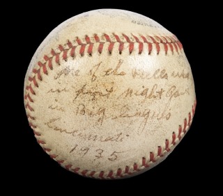 1935 FIRST MLB NIGHT GAME, GAME USED & SIGNED BASEBALL