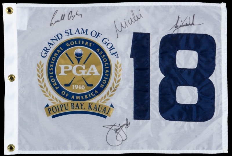 TIGER WOODS, MIKE WEIR, JIM FURYK & GEOFF OGILVY SIGNED 2006 PGA GRAND SLAM OF GOLF PIN FLAG