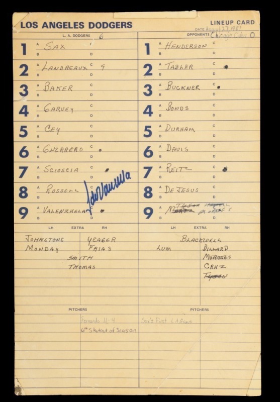 FERNANDO VALENZUELA SIGNED GAME USED AUGUST 27, 1981, DODGERS LINEUP CARD - 6TH SHUTOUT OF SEASON - JSA