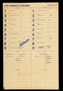 FERNANDO VALENZUELA SIGNED GAME USED AUGUST 27, 1981, DODGERS LINEUP CARD - 6TH SHUTOUT OF SEASON - JSA