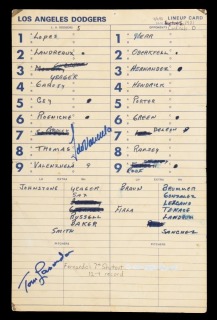 FERNANDO VALENZUELA & TOM LASORDA SIGNED GAME USED SEPTEMBER 6, 1981, DODGERS LINEUP CARD - 7TH SHUTOUT OF SEASON - JSA