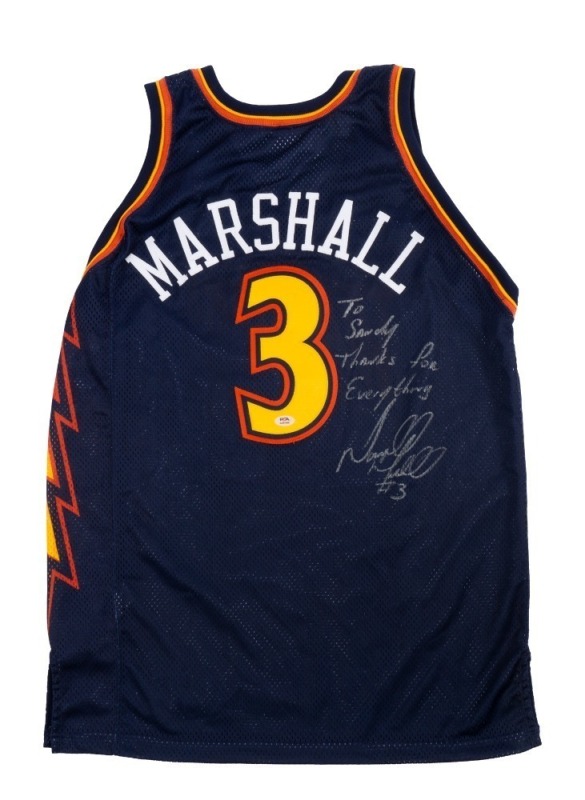 DONYELL MARSHALL 1997-98 GOLDEN STATE WARRIORS GAME WORN & SIGNED AWAY JERSEY - PSA