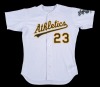 DAVID JUSTICE 2002 GAME WORN & SIGNED OAKLAND A'S JERSEY - PSA - 2