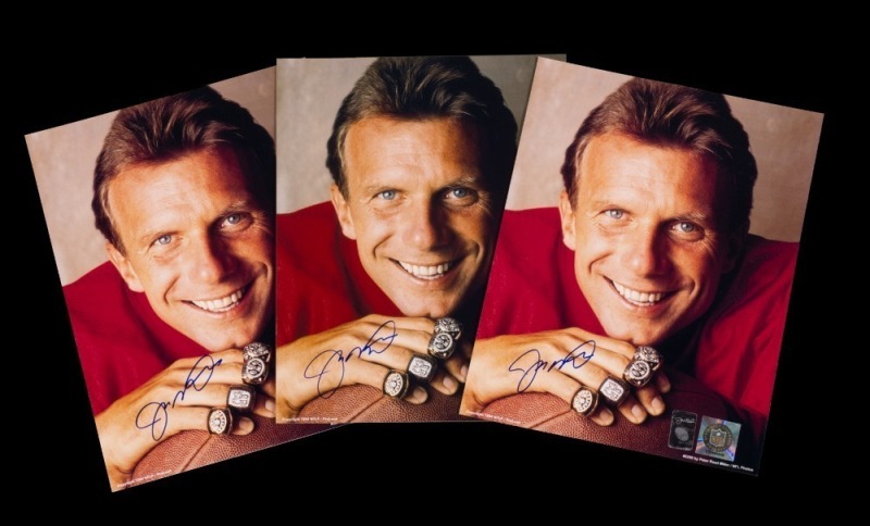 JOE MONTANA SUPER BOWL RINGS SIGNED 8 x 10 PHOTOGRAPH GROUP OF THREE - MONTANA HOLOGRAM