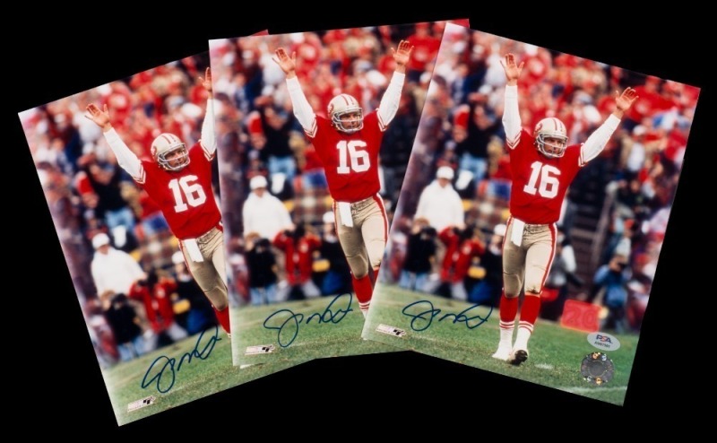 JOE MONTANA SIGNED 8 x 10 CELEBRATION PHOTOGRAPH GROUP OF THREE - PSA