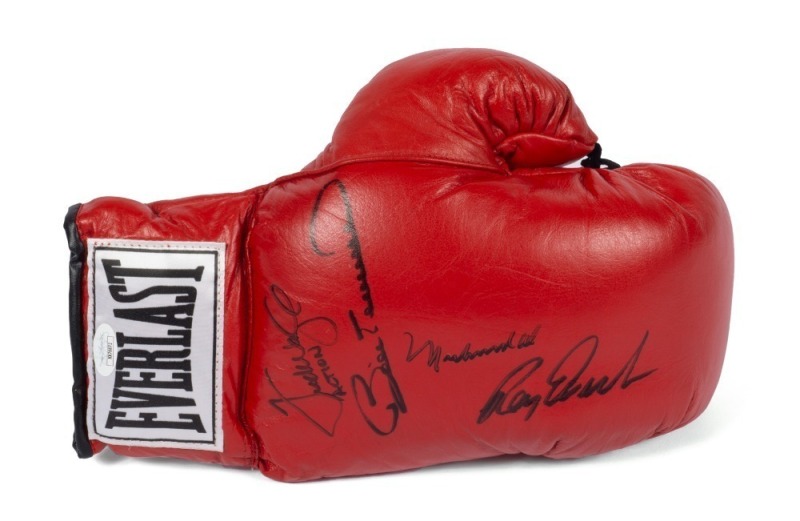 BOXING CHAMPIONS MULTI-SIGNED BOXING GLOVE WITH MUHAMMAD ALI AND RACE CAR DRIVER BILL ELLIOTT - JSA