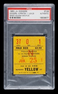 SANDY KOUFAX 1965 LA DODGERS GAME WINNING RBI & CAREER WIN 124 TICKET STUB - PSA AUTHENTIC