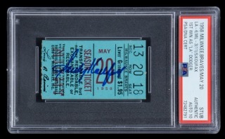 SANDY KOUFAX SIGNED FIRST WIN AS LA DODGER 1958 MILWAUKEE BRAVES TICKET STUB - PSA AUTHENTIC / AUTO 10 - ONE OF TWO AUTOGRAPHED