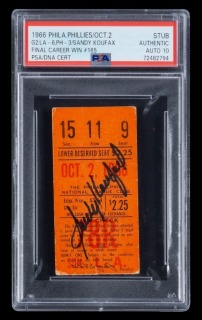 SANDY KOUFAX SIGNED FINAL CAREER WIN PHILLIES TICKET STUB - PSA AUTHENTIC / AUTO 10 - ONE OF TWO