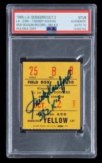 SANDY KOUFAX SIGNED AND "382 K's" INSCRIBED 1965 DODGERS TICKET STUB - PSA AUTHENTIC / AUTO 10 - ONE OF ONE
