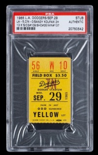 SANDY KOUFAX CAREER WIN 137 & SEASON 25th WIN 1965 LA DODGERS TICKET STUB - PSA AUTHENTIC