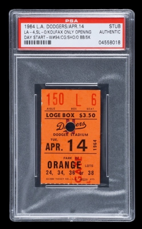 SANDY KOUFAX 1964 LOS ANGELES DODGERS OPENING DAY TICKET STUB - PSA AUTHENTIC - ONE OF FOUR