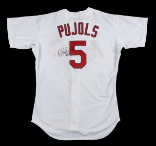 ALBERT PUJOLS SIGNED AND "ROY" INSCRIBED ST. LOUIS CARDINALS TEAM ISSUED JERSEY - PSA