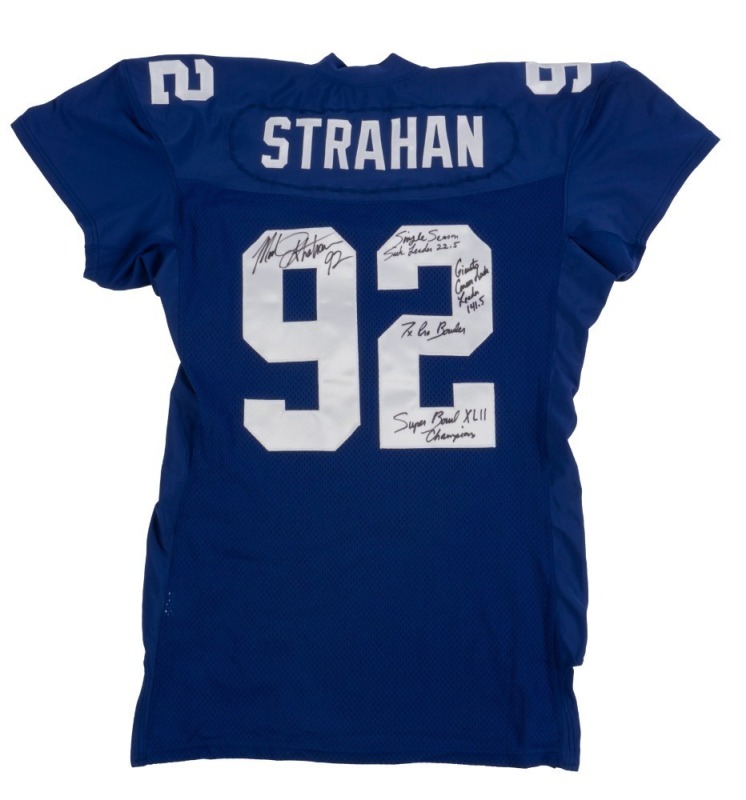 MICHAEL STRAHAN SIGNED AND MULTI-INSCRIBED 2008 NEW YORK GIANTS TEAM ISSUED JERSEY - PSA