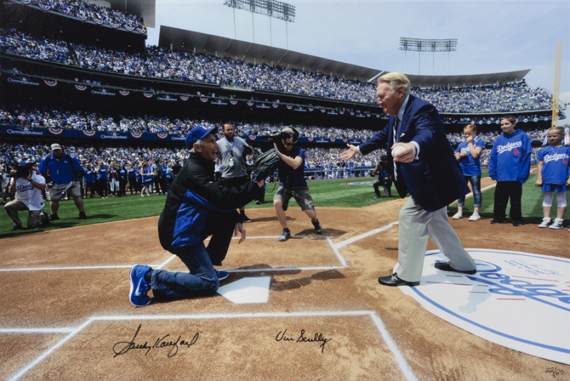 SANDY KOUFAX AND VIN SCULLY SIGNED FIRST PITCH CANVAS