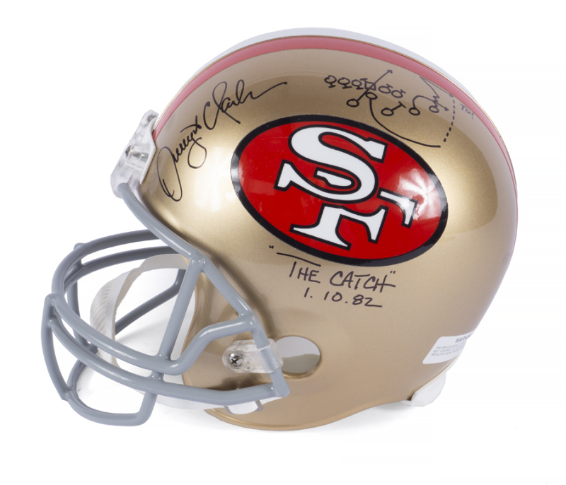JOE MONTANA, DWIGHT CLARK, JOHN TAYLOR AND VIN SCULLY SIGNED "THE CATCH" AND "THE DRIVE" PLAY DIAGRAMMED SAN FRANCISCO 49ERS FULL-SIZE HELMET