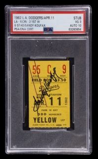 SANDY KOUFAX PSA GRADED SIGNED FIRST DODGER STADIUM WIN TICKET STUB - POP 1