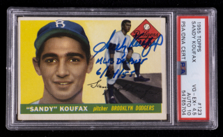 SANDY KOUFAX SIGNED AND MLB DEBUT INSCRIBED 1955 TOPPS ROOKIE CARD PSA 4.5