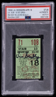 VIN SCULLY PSA GRADED SIGNED 1958 FIRST OPENING DAY IN LOS ANGELES TICKET STUB - POP 2