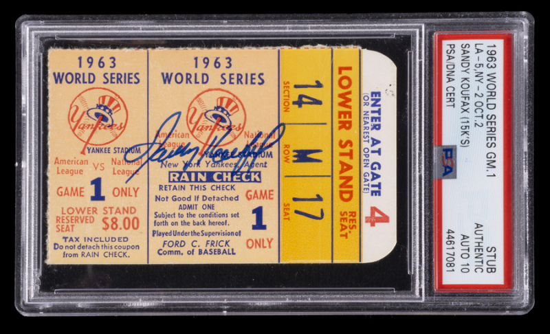 SANDY KOUFAX PSA GRADED SIGNED 1963 WORLD SERIES GAME 1 TICKET STUB FROM 15K GAME - POP 5