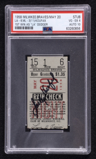 SANDY KOUFAX PSA GRADED SIGNED FIRST LOS ANGELES DODGERS WIN TICKET STUB - POP 1