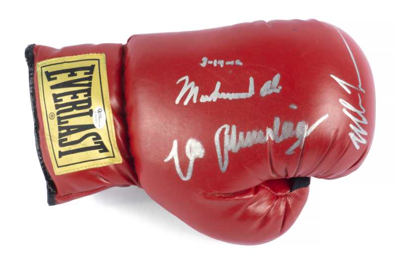 MUHAMMAD ALI, MIKE TYSON AND MAX SCHMELING SIGNED BOXING GLOVE