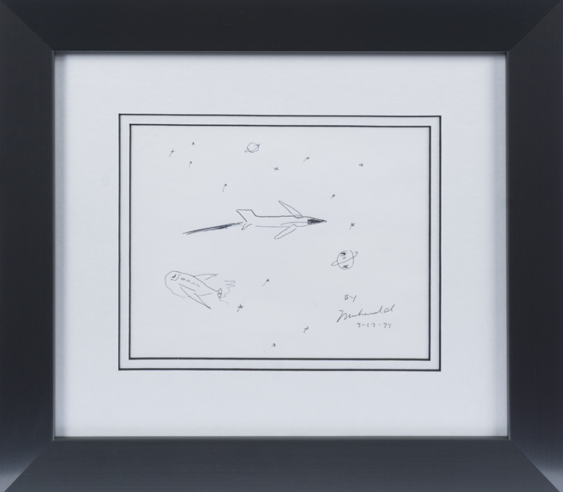MUHAMMAD ALI HAND DRAWN AND SIGNED JET AND AIRPLANE SKETCH