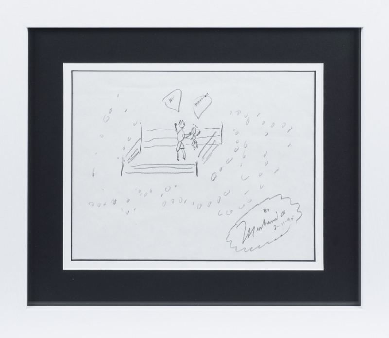MUHAMMAD ALI HAND DRAWN AND SIGNED ALI VS FRAZIER SKETCH ON AIRPLANE SKETCH