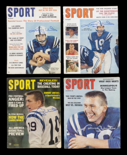 JOHNNY UNITAS SIGNED 1950s AND 1960s SPORT MAGAZINES GROUP OF FOUR