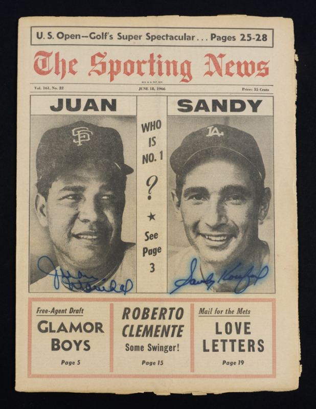 SANDY KOUFAX AND JUAN MARICHAL SIGNED PHOTOGRAPH AND SPORTING NEWS