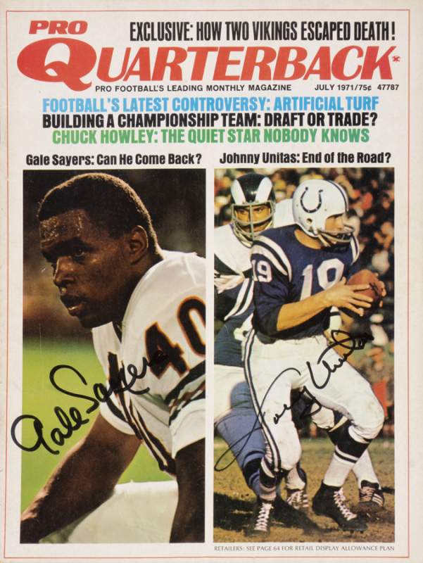 JOHNNY UNITAS AND GALE SAYERS SIGNED 1971 PRO QUARTERBACK MAGAZINE