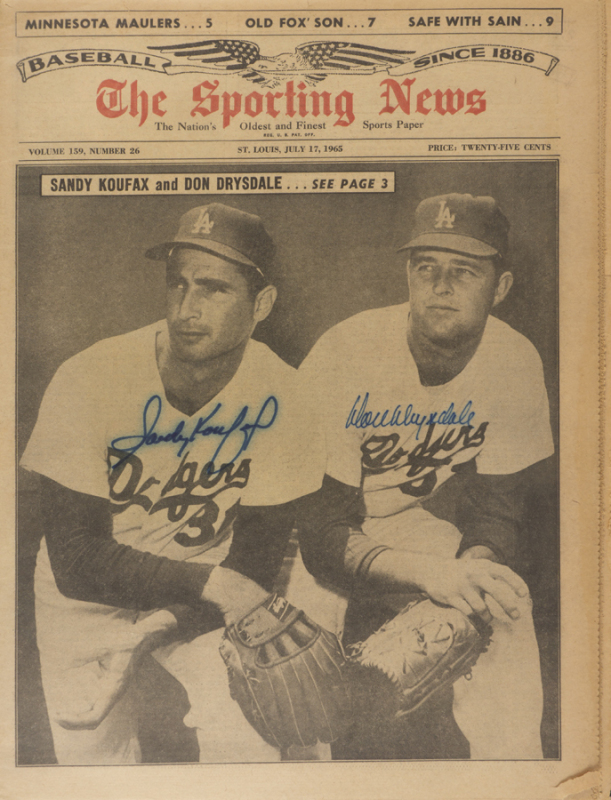 SANDY KOUFAX AND DON DRYSDALE SIGNED 1965 SPORTING NEWS ISSUE