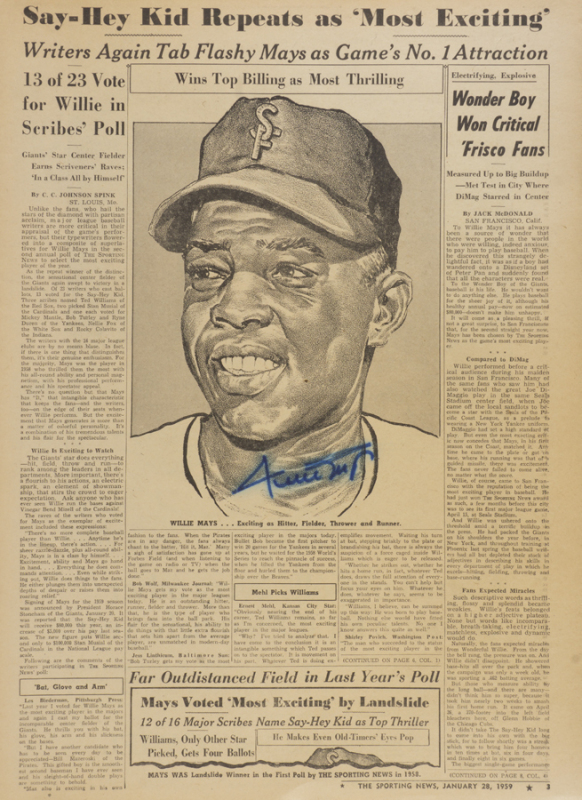 WILLIE MAYS SIGNED 1959 SPORTING NEWS ARTICLE PAGE