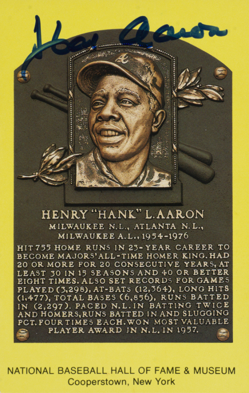 HANK AARON SIGNED BASEBALL HALL OF FAME PLAQUE POSTCARD