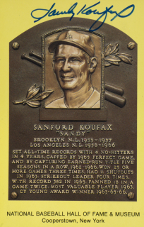 SANDY KOUFAX SIGNED HALL OF FAME PLAQUE POSTCARD