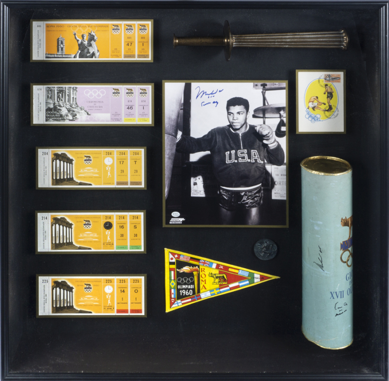 MUHAMMAD ALI (AKA CASSIUS CLAY) SIGNED 1960 OLYMPIC TORCH DISPLAY WITH ORIGINAL TICKETS