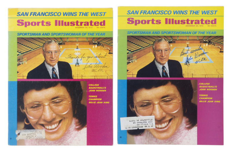 JOHN WOODEN SIGNED 1972 SPORTS ILLUSTRATED PAIR