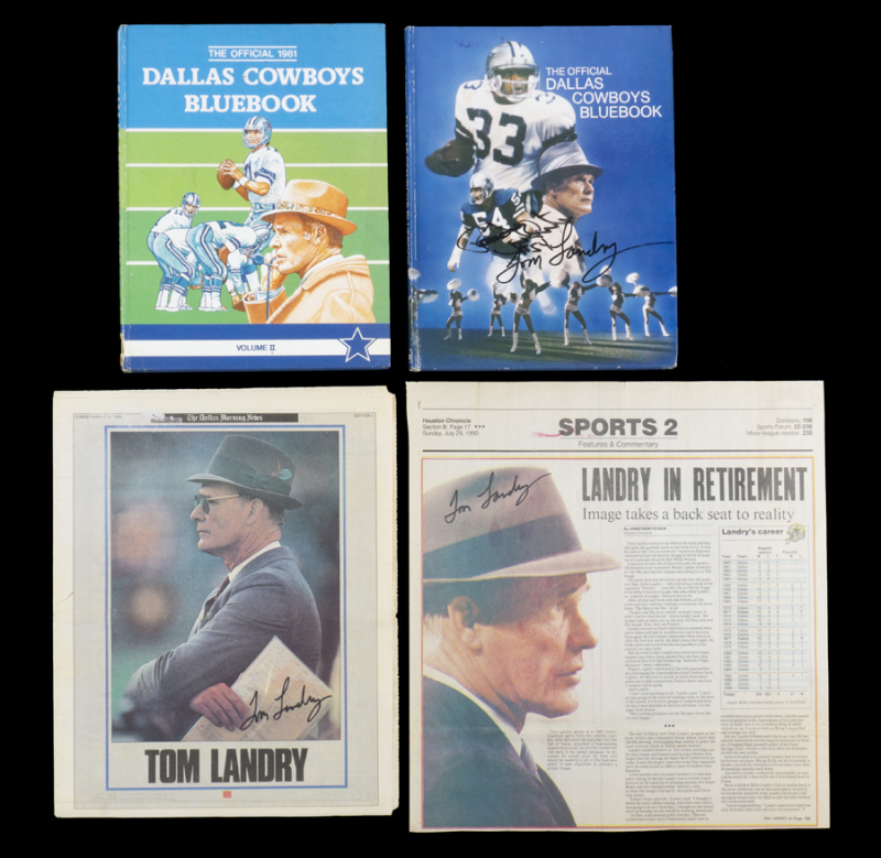 TOM LANDRY SIGNED ARTICLES AND DALLAS COWBOYS BLUEBOOKS GROUP OF FOUR