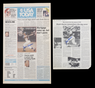 HANK AARON SIGNED NEWS ARTICLES PAIR