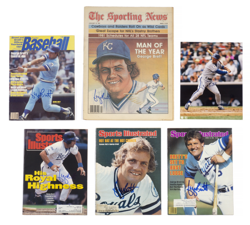 GEORGE BRETT SIGNED PHOTOGRAPH AND PUBLICATIONS GROUP OF SIX