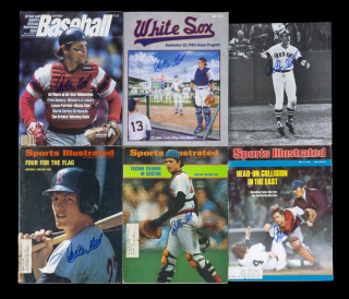 CARLTON FISK SIGNED 1972-1990 PUBLICATIONS AND PHOTOGRAPH GROUP OF SIX