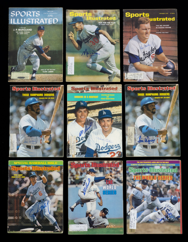 BROOKLYN AND LOS ANGELES DODGERS SIGNED 1957 TO 1981 SPORTS ILLUSTRATED MAGAZINES GROUP OF NINE