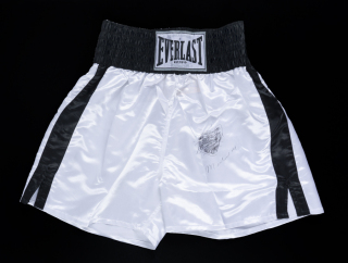 MUHAMMAD ALI SIGNED BOXING TRUNKS WITH HEART DRAWING